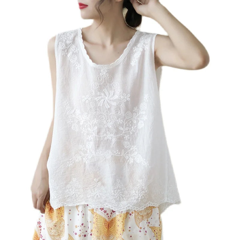 Loose Fit Embroidered Cotton Linen Svel Top Thin Sle Women's Tank Top Vest Brand New Goods Tailored for Summer