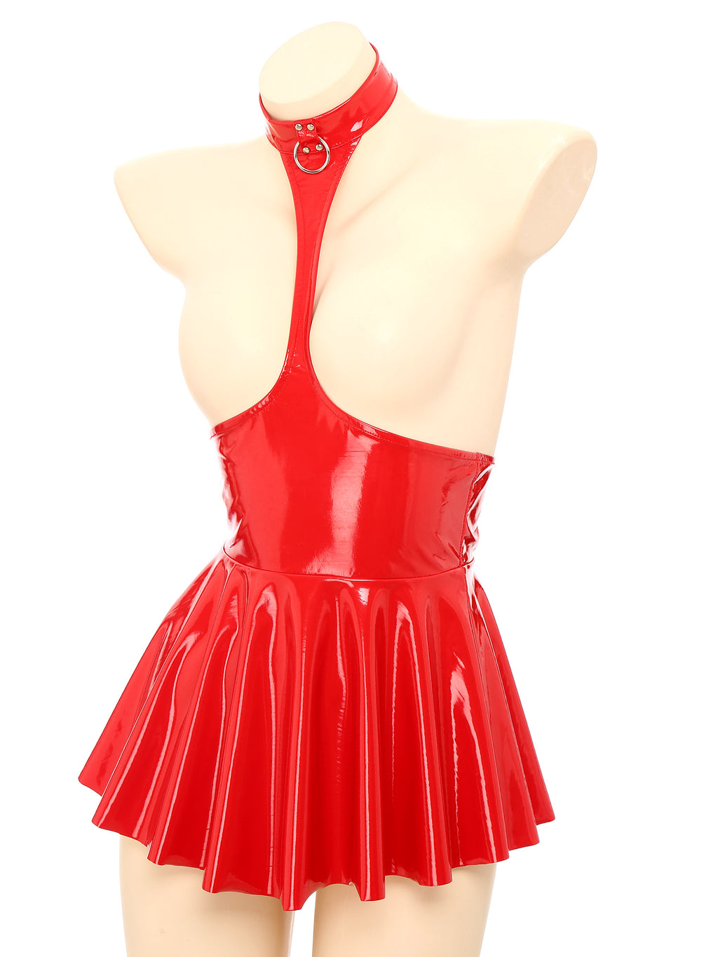 Womens Shiny Metallic Faux Leather Halter Neck Backless A-Line Dress Exposed Breast Mini Night Club Dresses Latex Clubwear