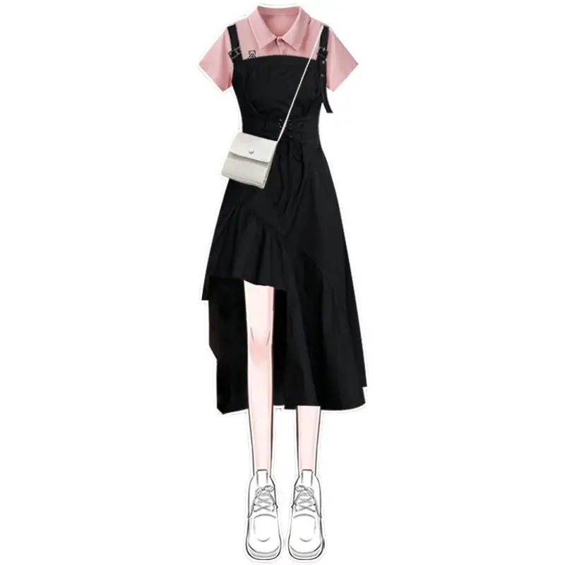 2025 Korean Elegant Summer New In Matching Set Women Fashion Short Sleeved T-shirt+Strap Dress Two Piece Female Chic Skirt Suit
