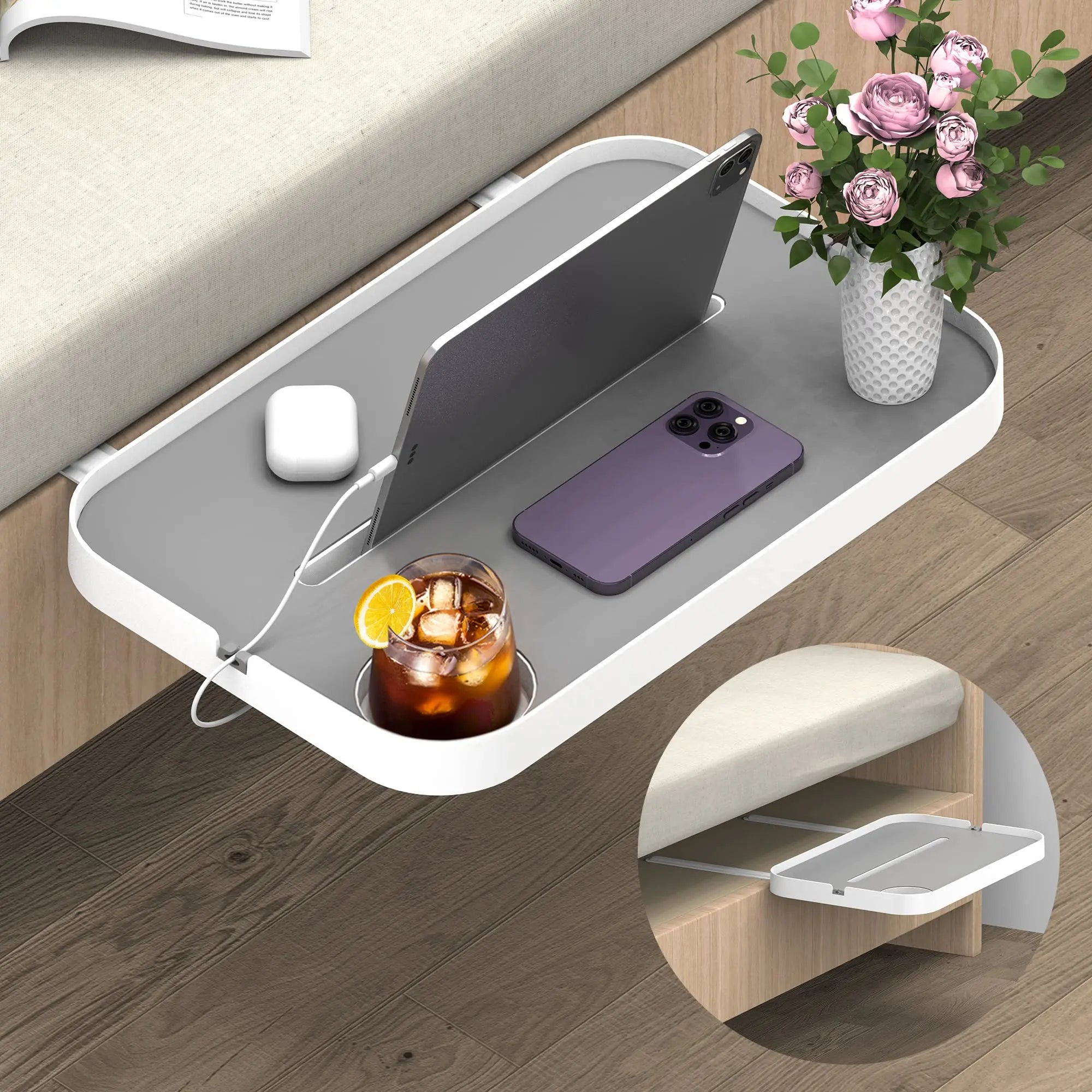 Bedside Shelf for Bed Bedside Storage Tray for Bedroom Accessories Detachable Organizer Bedside Tray Table Tablet / Phone Holdel