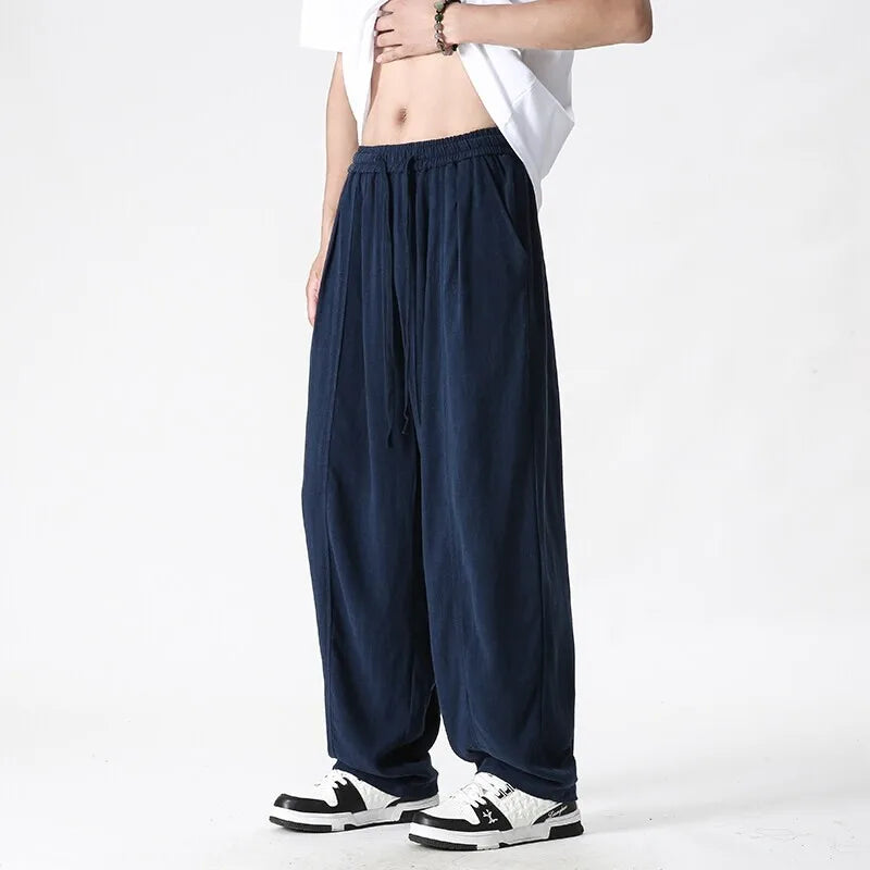 Summer Wide Leg Pants Men's Cotton Linen Harun Loose Pants Men Casual Elastic Waist Circumference Lantern Trousers Plus Size 5XL