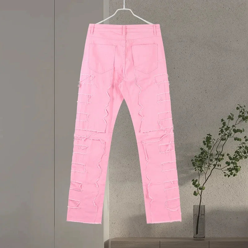 Men Jeans Ripped Vintage Tassel Wash Old Slim Stacked Patch Hip Hop Pencil Denim Man Pants 2026 Streetwear Male Long Trousers