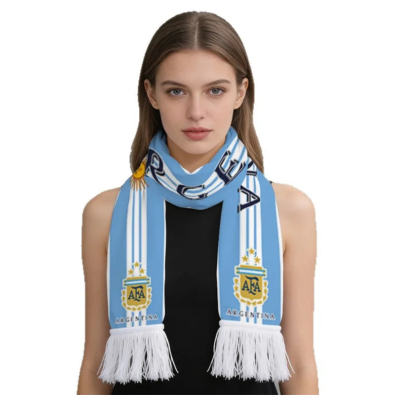 2026 Football Fan Scarf Argentina Brazil Portugal France Spain Canada USA Mexico Print Flannel Tassel Cheering Supporter Scarf
