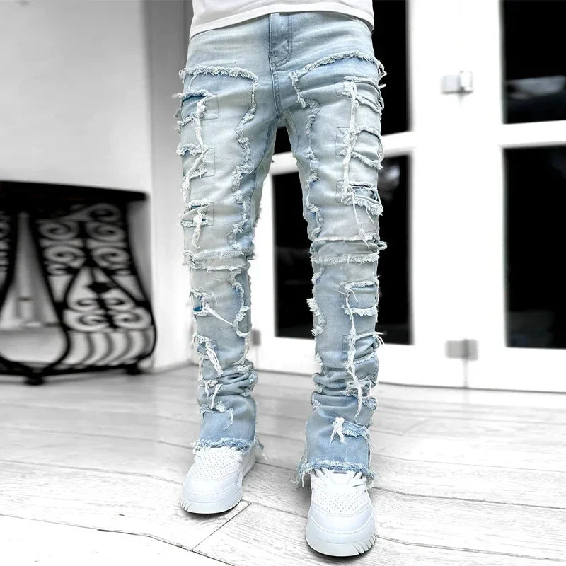 Men Jeans Ripped Vintage Tassel Wash Old Slim Stacked Patch Hip Hop Pencil Denim Man Pants 2026 Streetwear Male Long Trousers