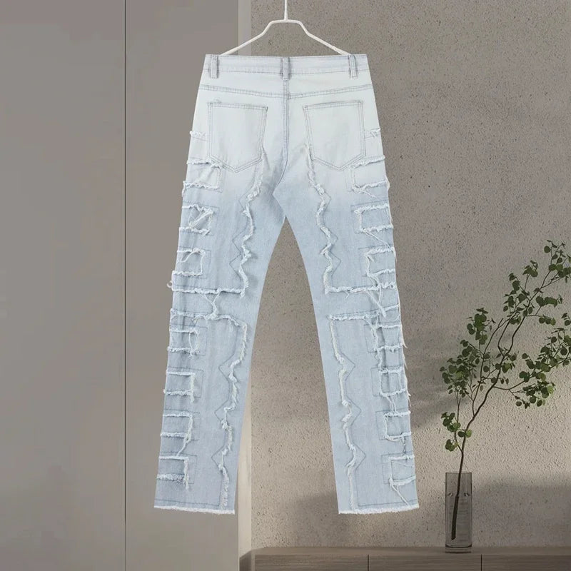 Men Jeans Ripped Vintage Tassel Wash Old Slim Stacked Patch Hip Hop Pencil Denim Man Pants 2026 Streetwear Male Long Trousers