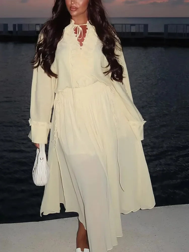 HH Women Summer Fashion Tierred Decoration Skirt Suit V-Neck Long Sleeves Lace-Up Shirts+Side Zipper Circular Chiffon Skirt