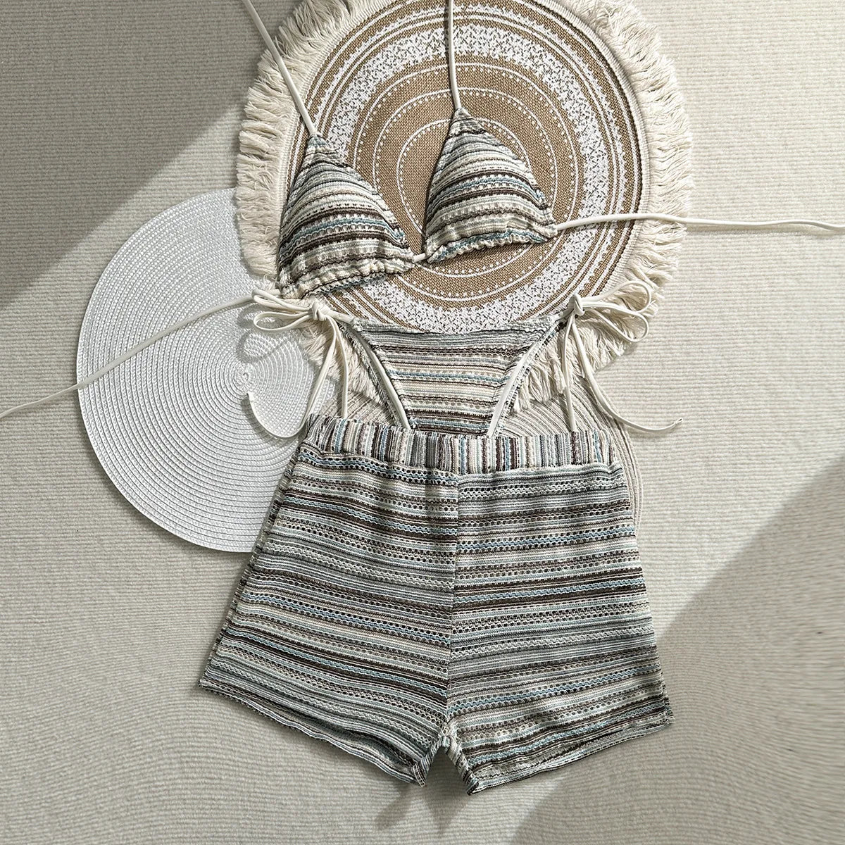 Sexy Crochet Bikini Set 2026 Women Coffee Contrast Striped High Waist Panties 3 Piece Swimsuit Bathing Suit Knitted Swimwear
