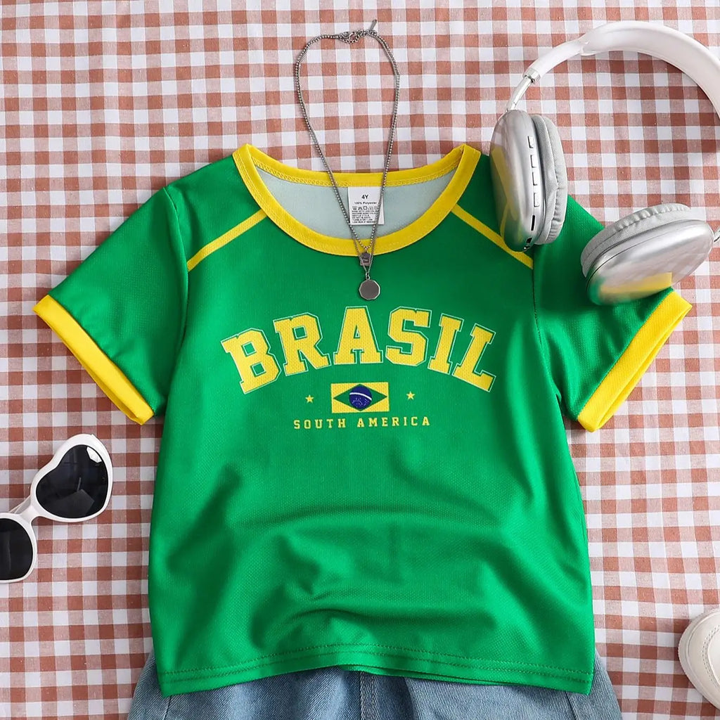 Kids Brazil Football Jersey T-Shirt |   Yellow and Green Brazil Flag Print Short-Sleeved T-Shirt |   Summer Casual Brazil National Team Sweatshirt Suitable for Boys and Girls, Carnival, St. John's Day.