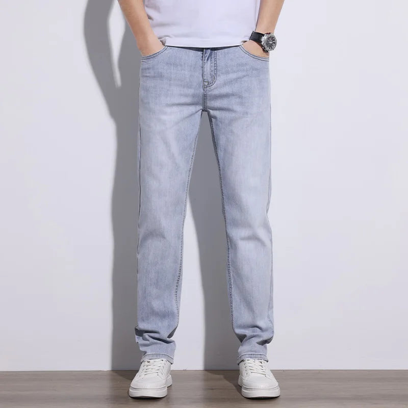 KSTUN 2025 Spring Summer Jeans For Men Slim Straight Gray Light Blue Stretch Jeans Regular Fit Denim Pants Mens Clothing Cowboys
