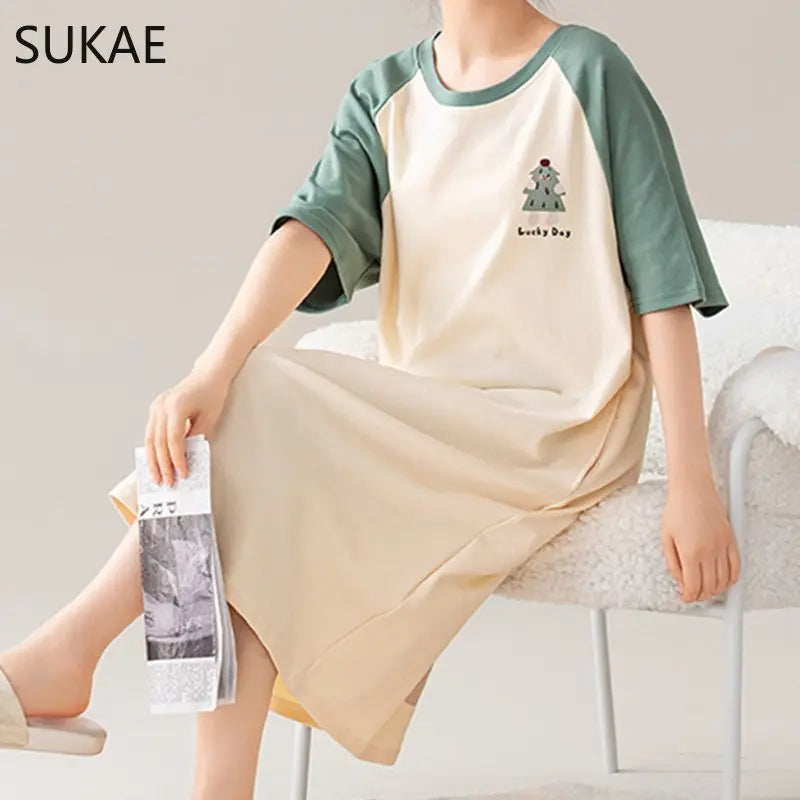 100% COTTON! SUKAE Summer New Women Lovely Sleepshirt Fashion Nightgowns Leisure Dress Casual Nightdress Short Sleeves Nightgown