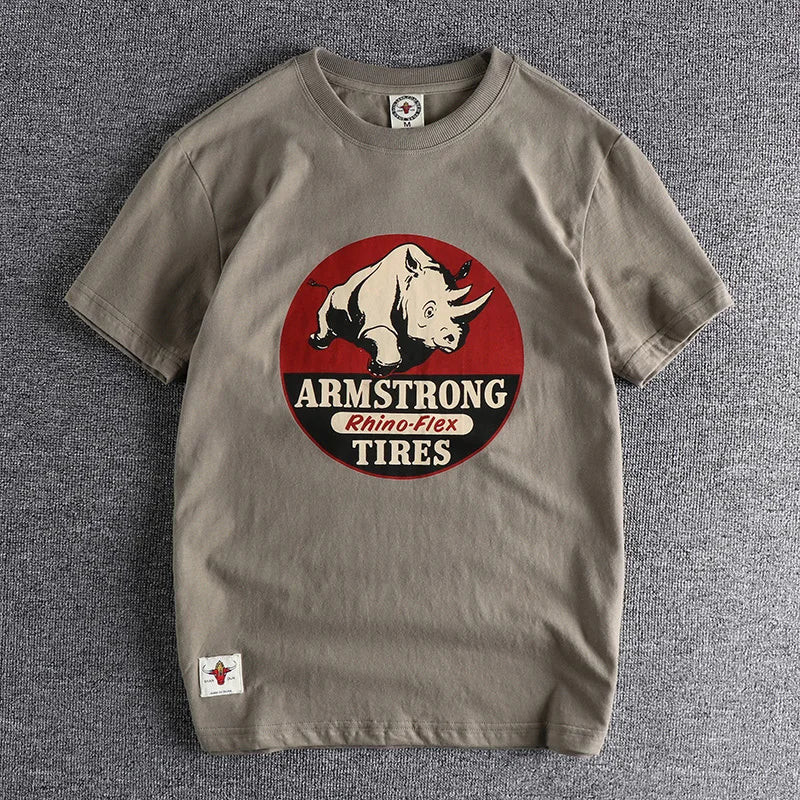 Summer new wash matte comfortable short sleeve t-shirt men's rhinoceros Vintage Print versatile youth fashion casual half sleeve
