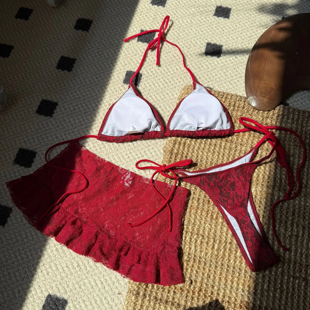 sexy lace micro mini string halter tie bikinis sets 3pcs with ruffles mini skirt black red color swimwear swimsuit bathing suit