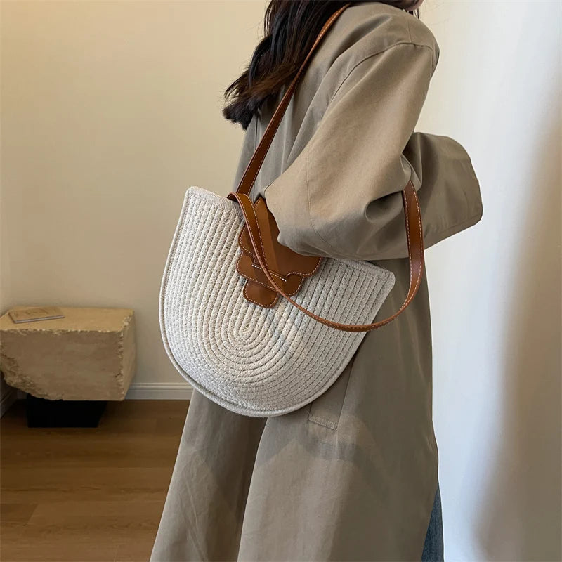 Large Capacity Beach Shopping Bag Luxury Design Woven Shoulder Bag Women Handmade Cotton Thread Woven Handbag Summer Travel Bag