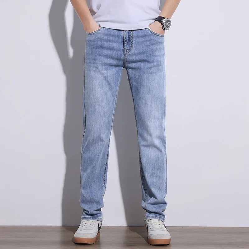 KSTUN 2025 Spring Summer Jeans For Men Slim Straight Gray Light Blue Stretch Jeans Regular Fit Denim Pants Mens Clothing Cowboys
