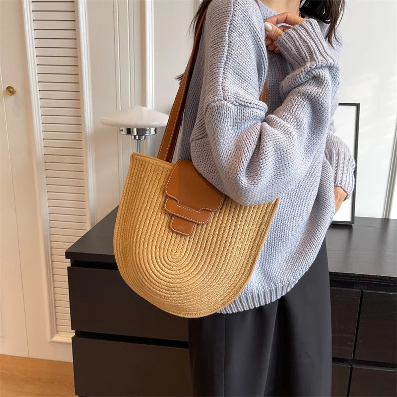 Large Capacity Beach Shopping Bag Luxury Design Woven Shoulder Bag Women Handmade Cotton Thread Woven Handbag Summer Travel Bag