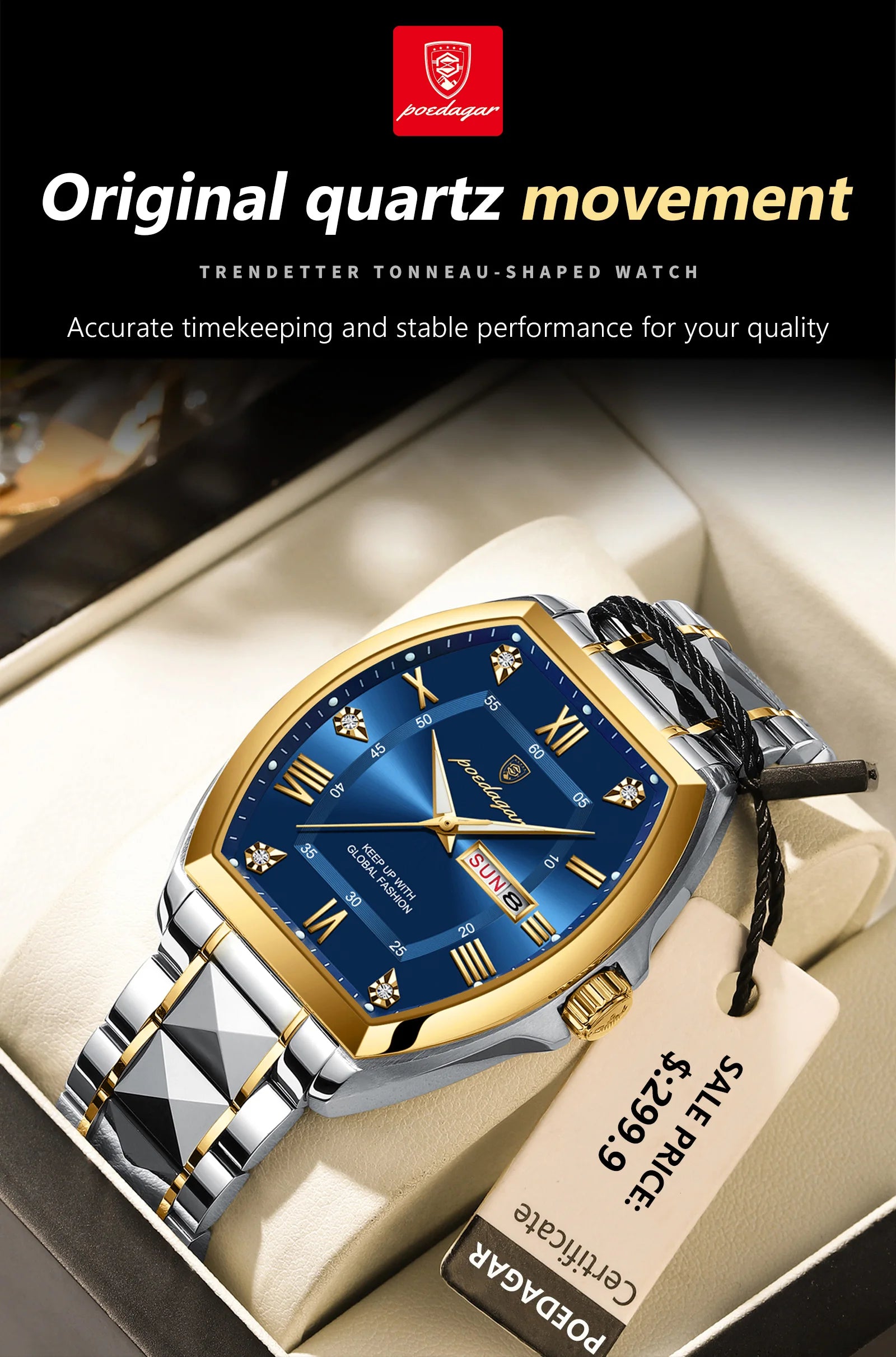 POEDAGAR Luxury Tonneau Men Watch Luminous Waterproof Date Week Man Watch Stainless Steel Fashion Original Men's Quartz Watches