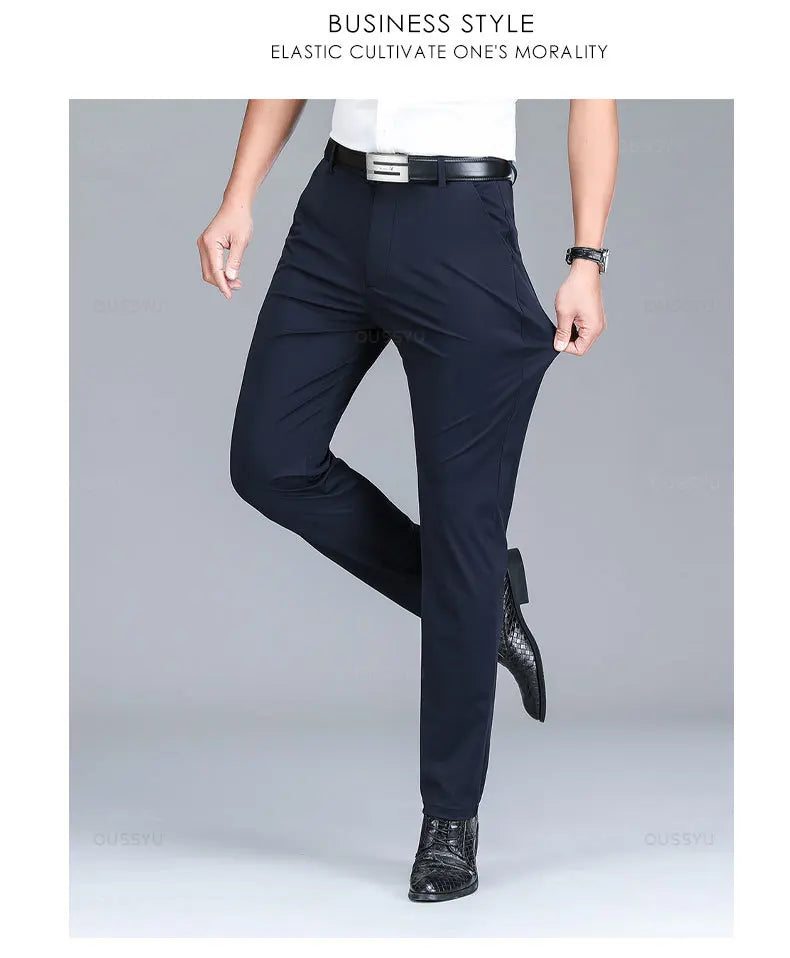 Summer High Stretch Business Suit Pants Men Thin Solid Color Straight Casual Formal Office Trousers Male Plus Size 35 40