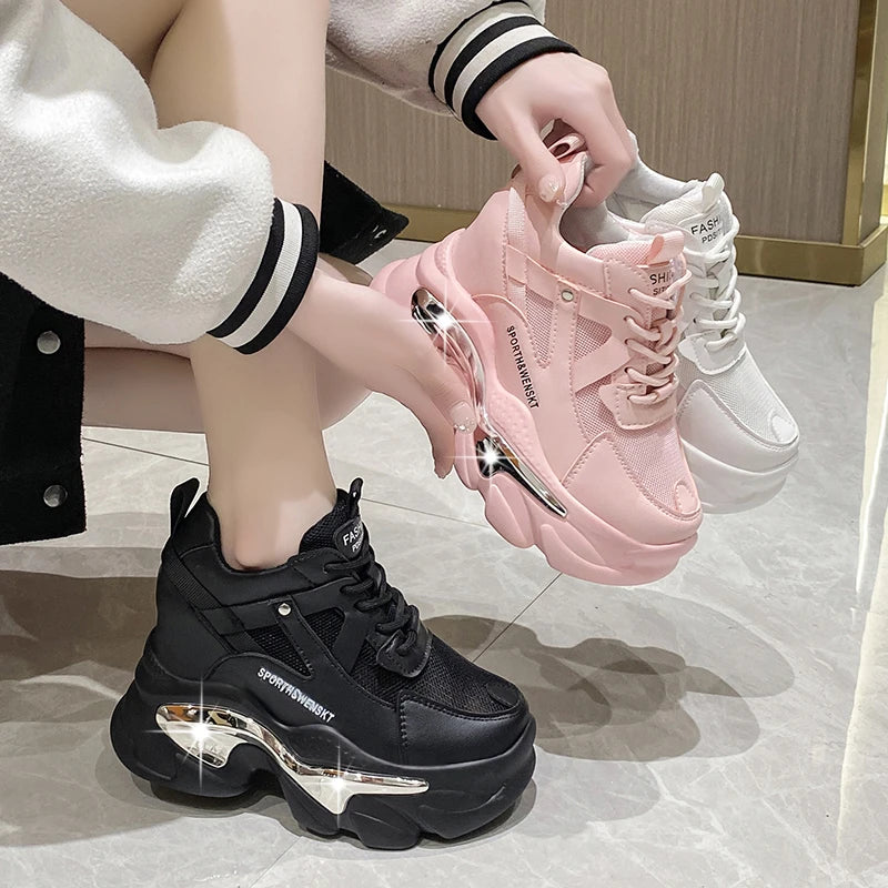 2025 Women Chunky Sneakers Platform Ulzzang Sports Shoes Summer Thick Bottom Breathable Mesh Casual Shoes 11CM High Heels Woman