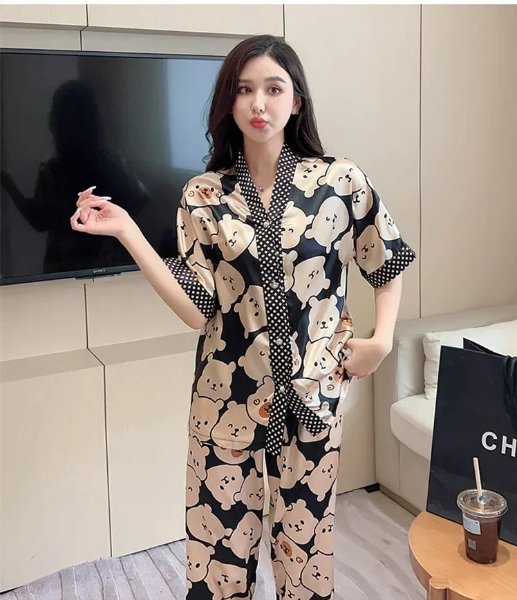 Ice Silk Pajamas Women Summer Short Sleeve Trousers Cartoon Bear Pajamas Cardigan Green Letter Sleepwear Homewear Set Kimono