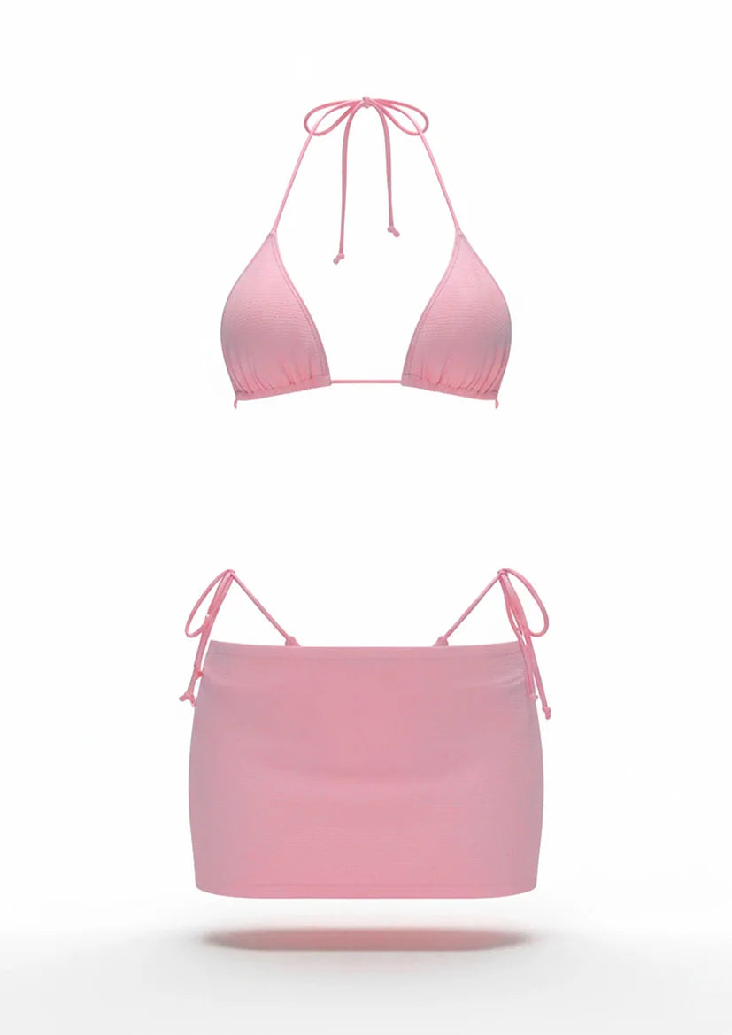 Sexy Women's 3 Piece Bikini Skirt Set Elegant Pink Halter Triangle Bikini Top Side Tie Mini Skirt 2026 Beachwear Swimsuit K302