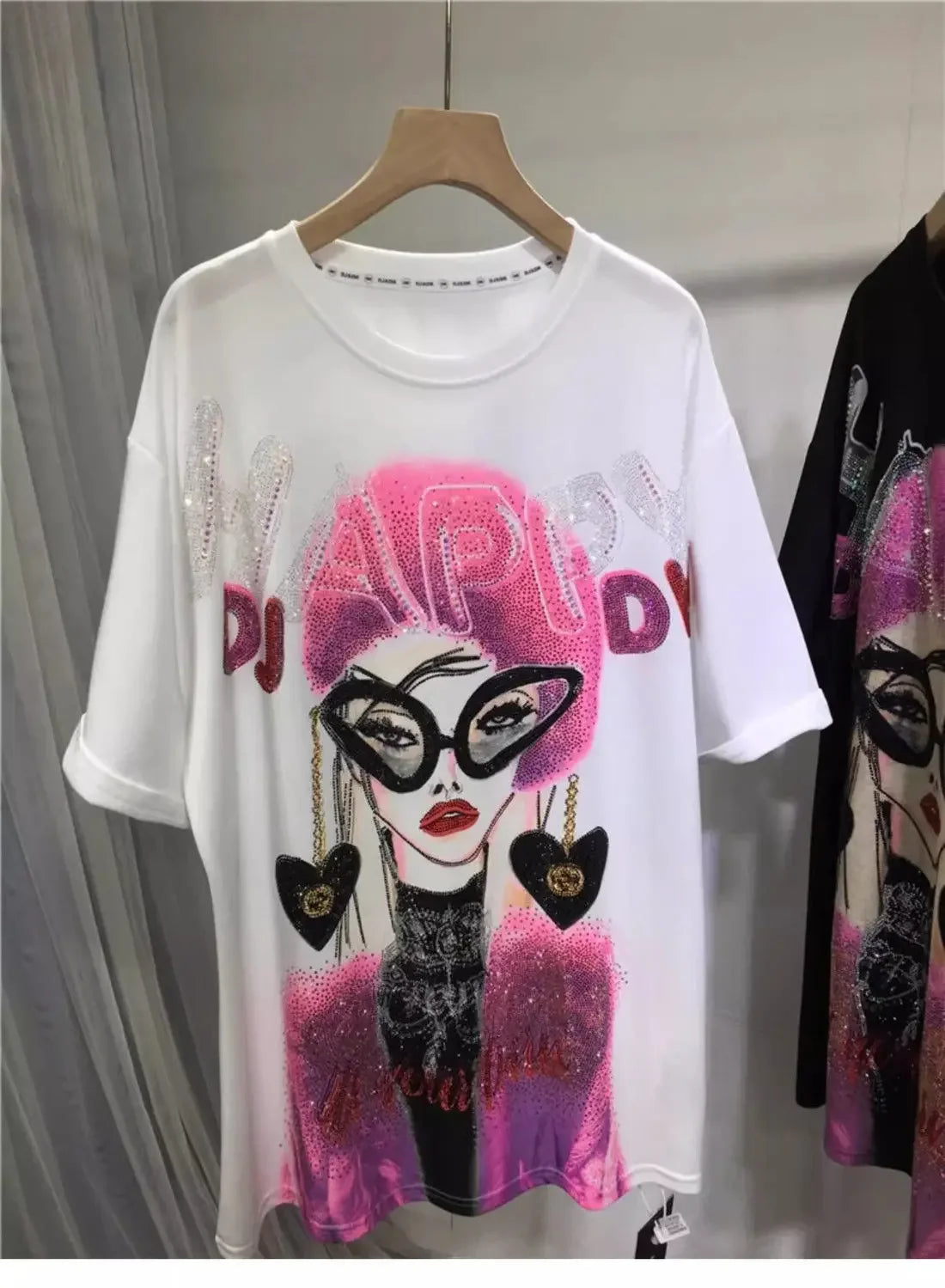 L-4XL Plus Size Casual T Shirts for Women Cartoon Lady Rhinestone Summer Short Sleeve Loose Tops Womens Clothing Женская Одежда