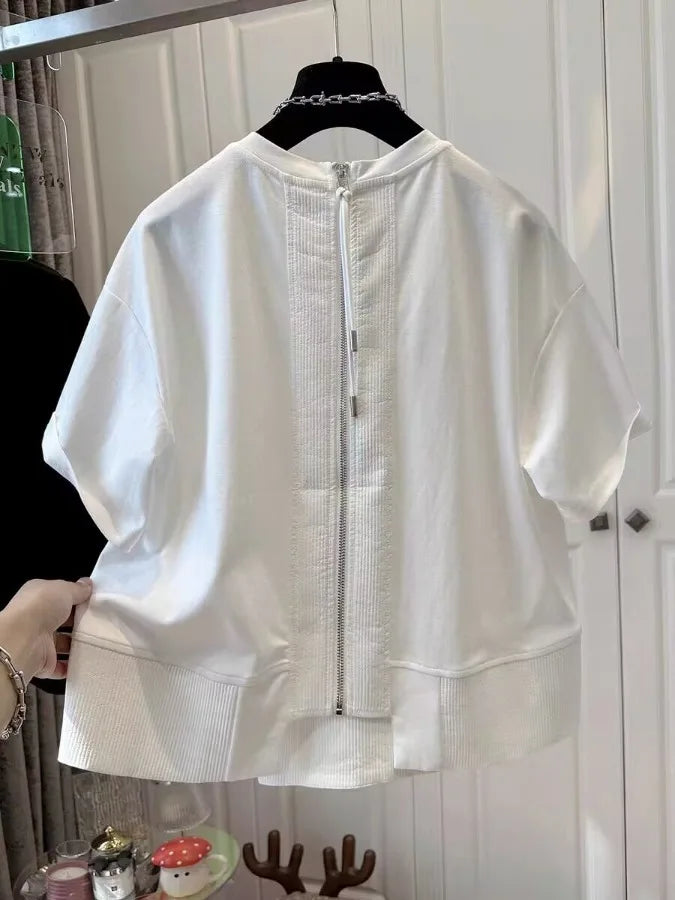 Summer New Loose Unique round Ne f Sve T-irt Women's ort Sve Patchwork Top Comfortable Breathable Retro Sle