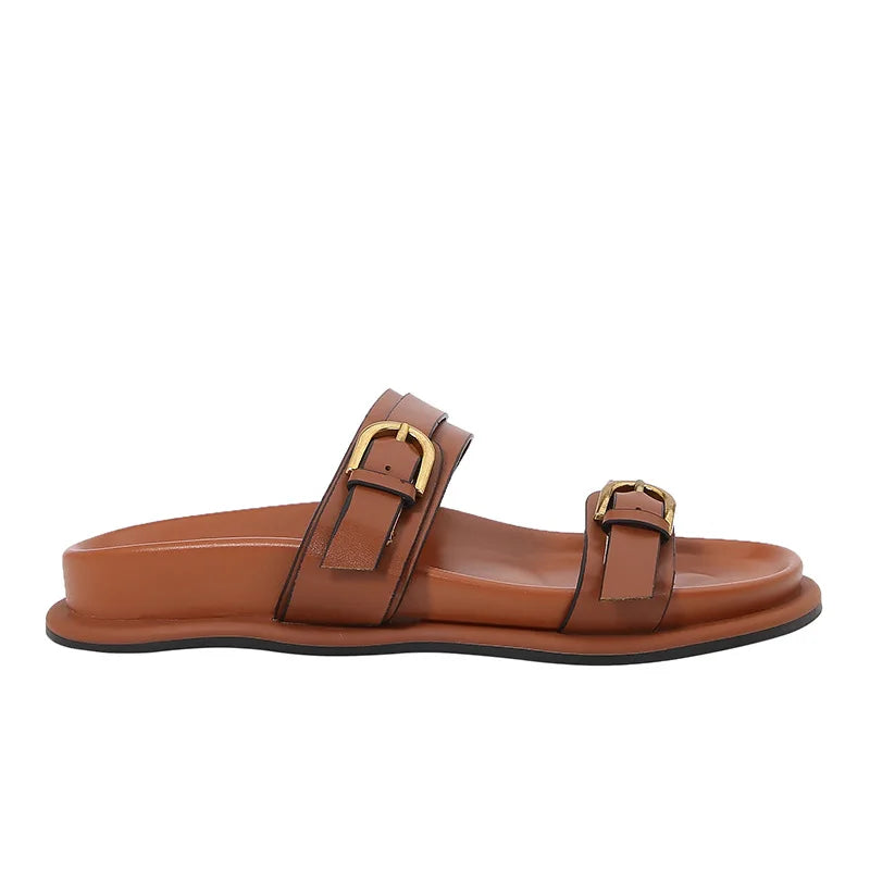 Metal Buckle Soft Leather Women Roman Shoes Thick Bottom Women Summer Slippers Leisure Comfort Non-slip Women Beach Flat Sandals