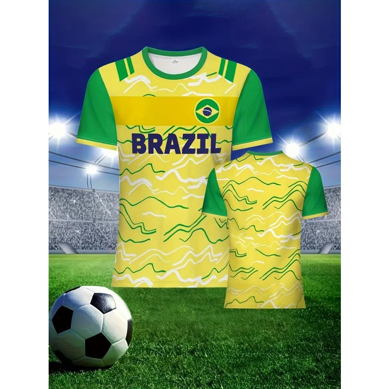 Brazilian Football Pattern T-Shirt For Men Brazil Sports Jerseys 3D Printed Tees Casual Short Sleeve O-Neck Tops Street T Shirts