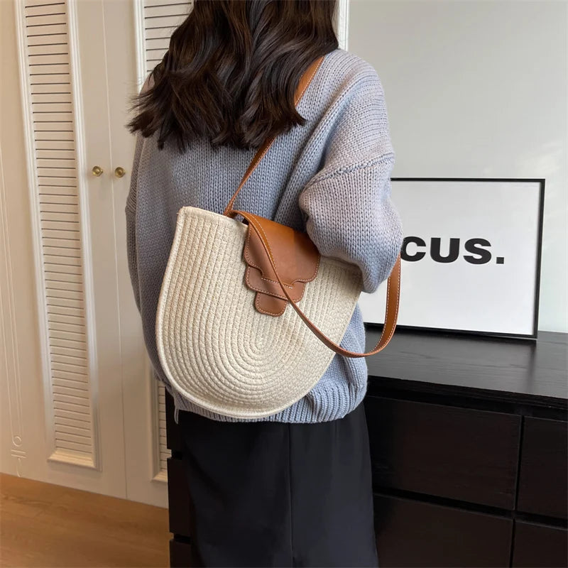 Large Capacity Beach Shopping Bag Luxury Design Woven Shoulder Bag Women Handmade Cotton Thread Woven Handbag Summer Travel Bag