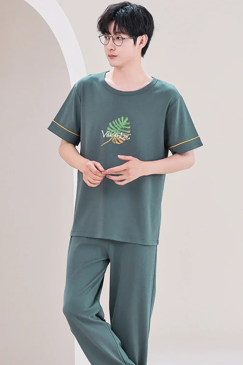 SUKAE Mens Plus Size L-5XL Homewear Summer Cotton Short Sleeve Full Pants Pajamas Set for Man Leisure Sleepwear Trendy Nightwear
