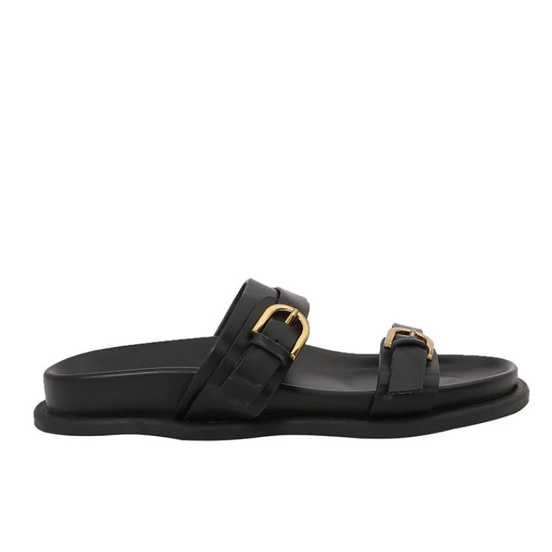 Metal Buckle Soft Leather Women Roman Shoes Thick Bottom Women Summer Slippers Leisure Comfort Non-slip Women Beach Flat Sandals