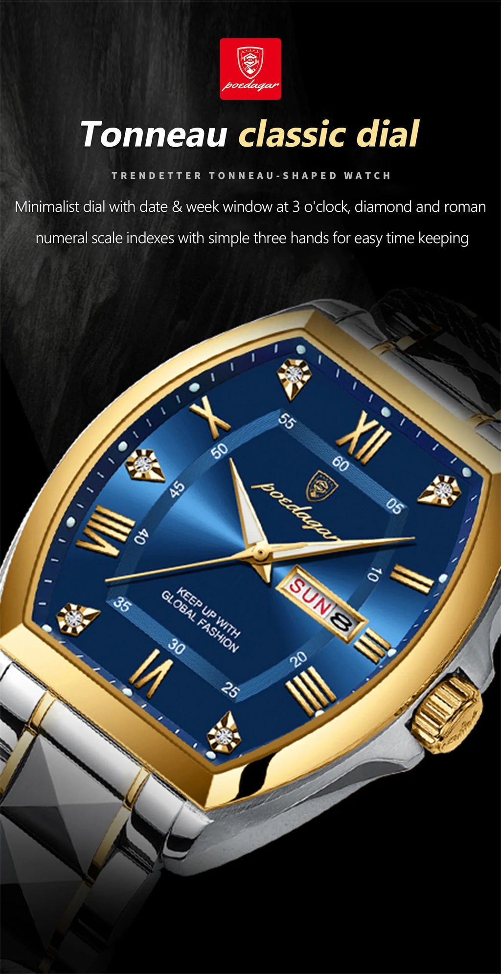 POEDAGAR Luxury Tonneau Men Watch Luminous Waterproof Date Week Man Watch Stainless Steel Fashion Original Men's Quartz Watches