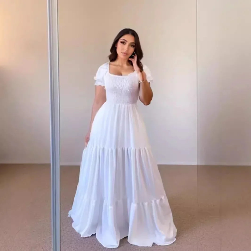 A Line Pleated Blue Princess Long Dresses Women Puff Sleeve High Waist Square Neck Maxi Dress Summer Solid Ruffles Party Dresses