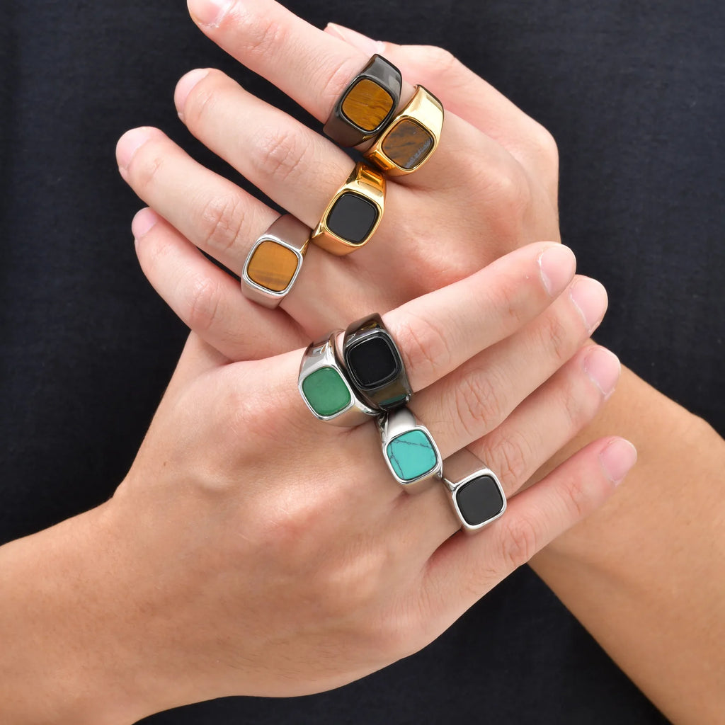 Stylish Square Natural Stone Ring for Men,Waterproof Stainless Steel Signet Ring,Birthday Party Gift for Him Dad