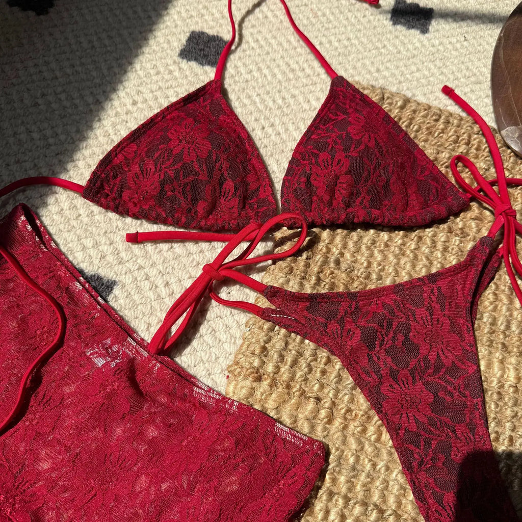 sexy lace micro mini string halter tie bikinis sets 3pcs with ruffles mini skirt black red color swimwear swimsuit bathing suit