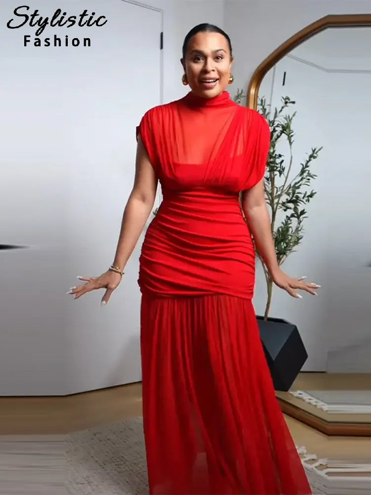 Sexy Red Pleated Mesh Long Dress Red See Through Patchwork Sleeveless A-line Party Dresses Female 2025 Summer Slim Robes Lady