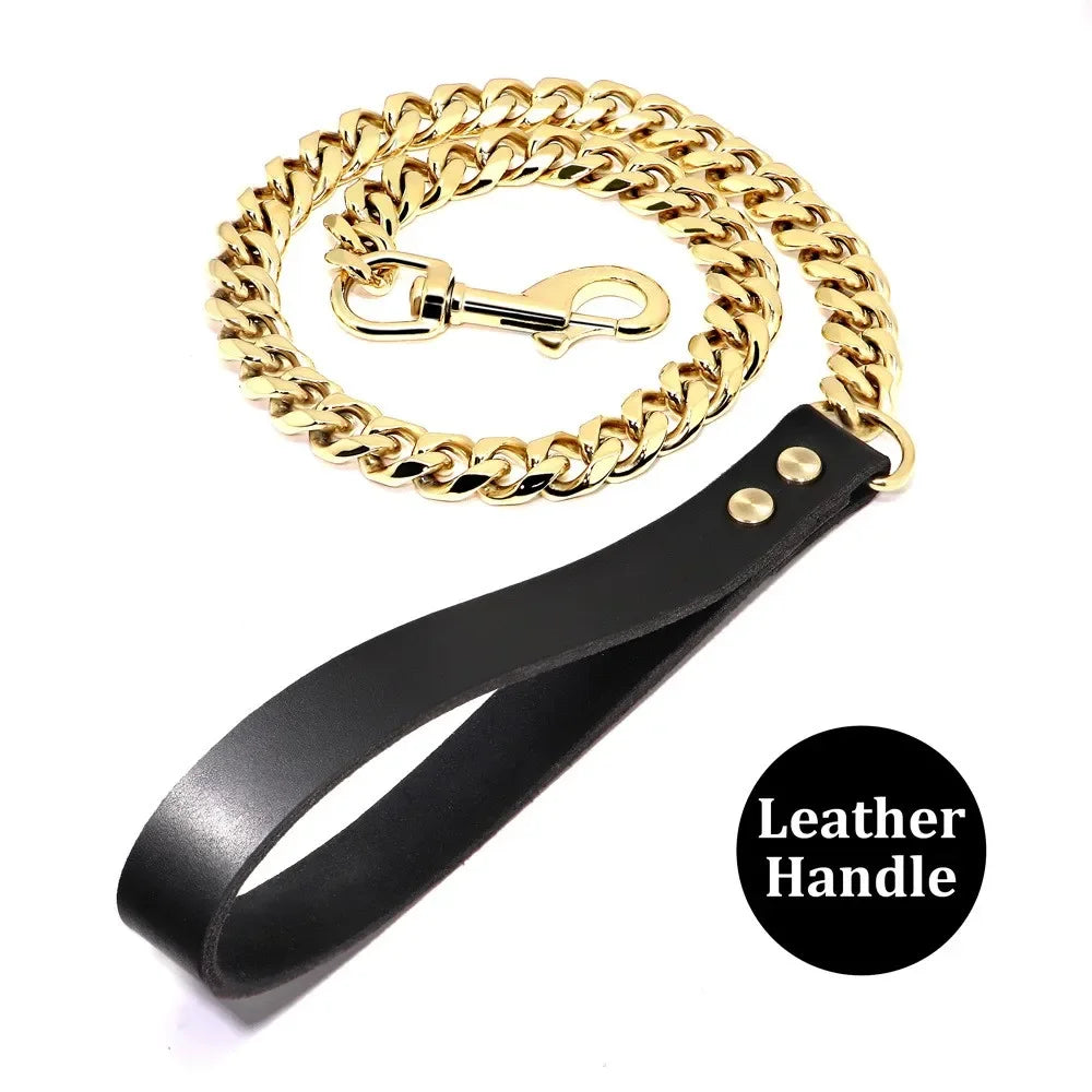 Stainless Steel Dog Leash Pet  Lead Traction  Super Strong Gold Collar Chain 32mm 19mm Bulldog Pitbull Large Dog Collar Leash