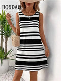 Striped Print Dresses Summer Elegant Women'S Clothing Fashion Loose Sleeveless A-Line Dress 2025 Sundress Casual Plus Size Dress
