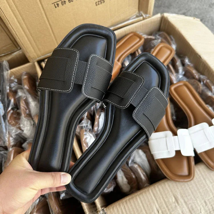Causal Flat Woman's Slippers Peep Toe Outside Street Female Beach Shoes 2025 Summer Soft Leather Brand Design Ladies Slides