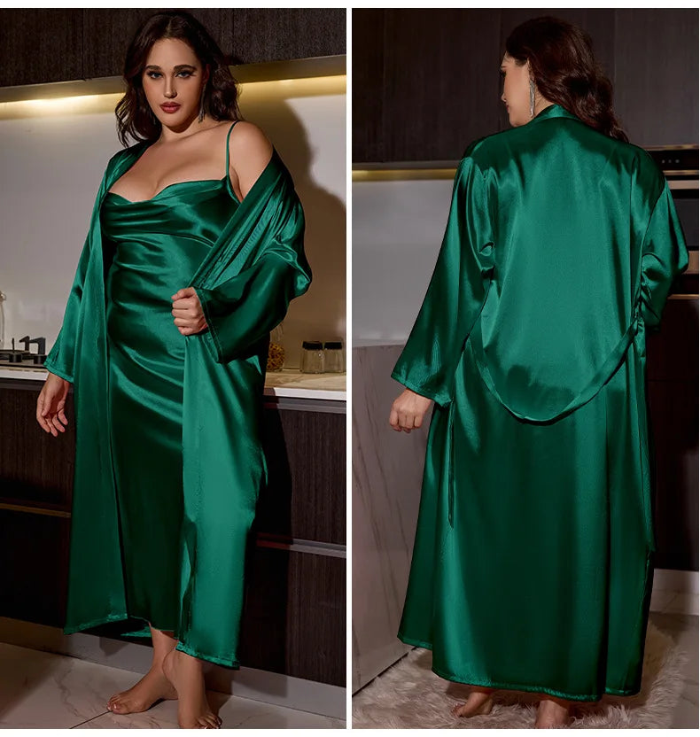 Plus Size 3XL 4XL 5XL Nighty&Robe Set Sexy Bride Long Wedding Bathrobe Dress Spring Summer New Sleepwear Loose Satin Home Wear