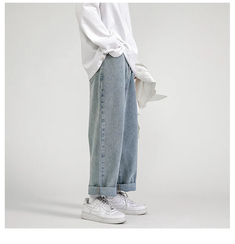 2023 New Korean Fashion Men's Baggy Jeans Classic Unisex Man Straight Denim Wide-leg Pants Hip Hop Bagy Light Blue Grey Black