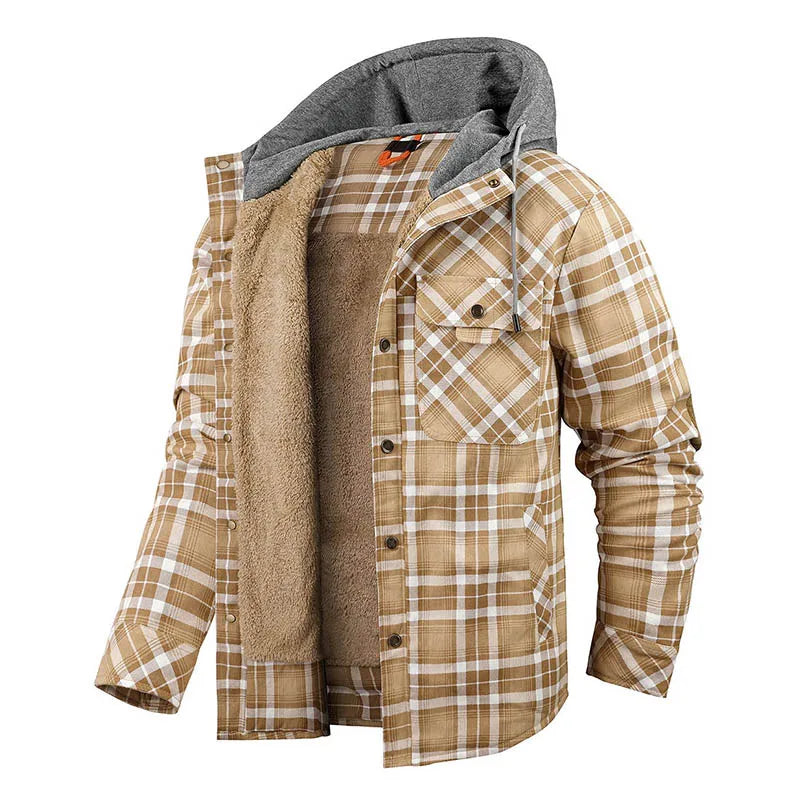 Winter Men Plaid Fleece Shirts Coats Mens Hooded Casual Shirts Man Sport Outdoor Loose Shirt Jacket Men Button Down Hoodie Shirt