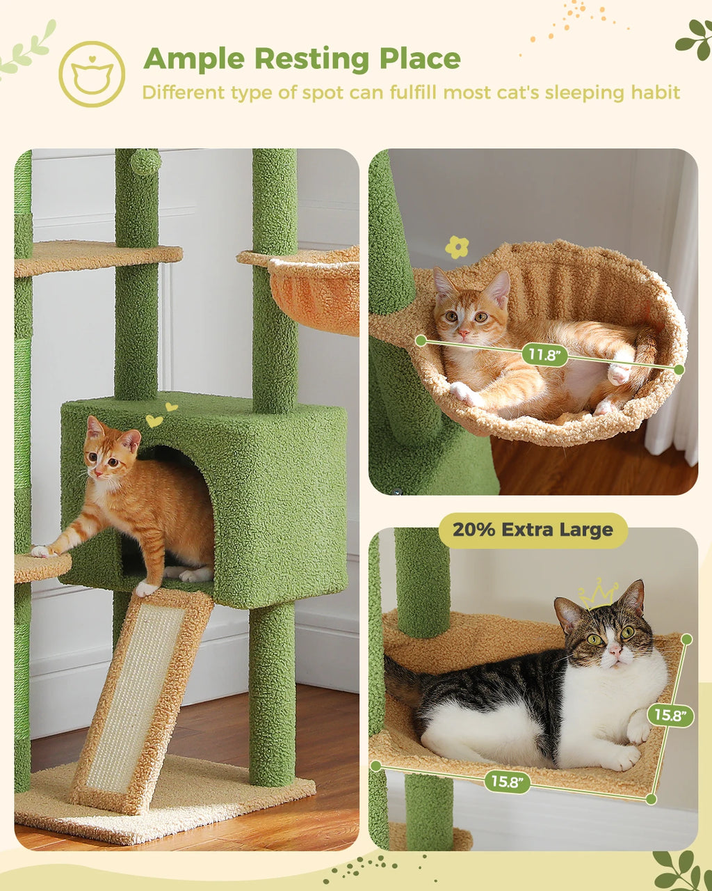 Cactus Cat Tree Floor to Ceiling Cat Tower Adjustable Height with Cat Condo Cozy Hammock and Scratching Post Tall Activity Tree