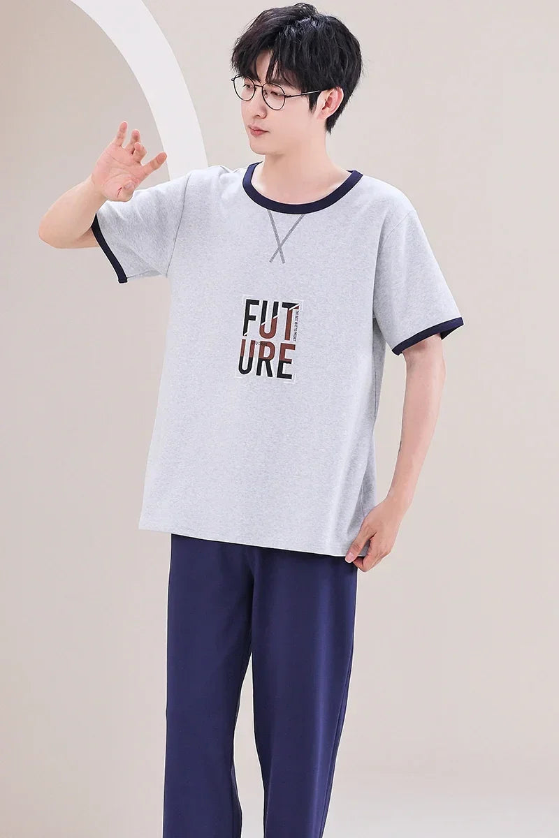 SUKAE Mens Plus Size L-5XL Homewear Summer Cotton Short Sleeve Full Pants Pajamas Set for Man Leisure Sleepwear Trendy Nightwear