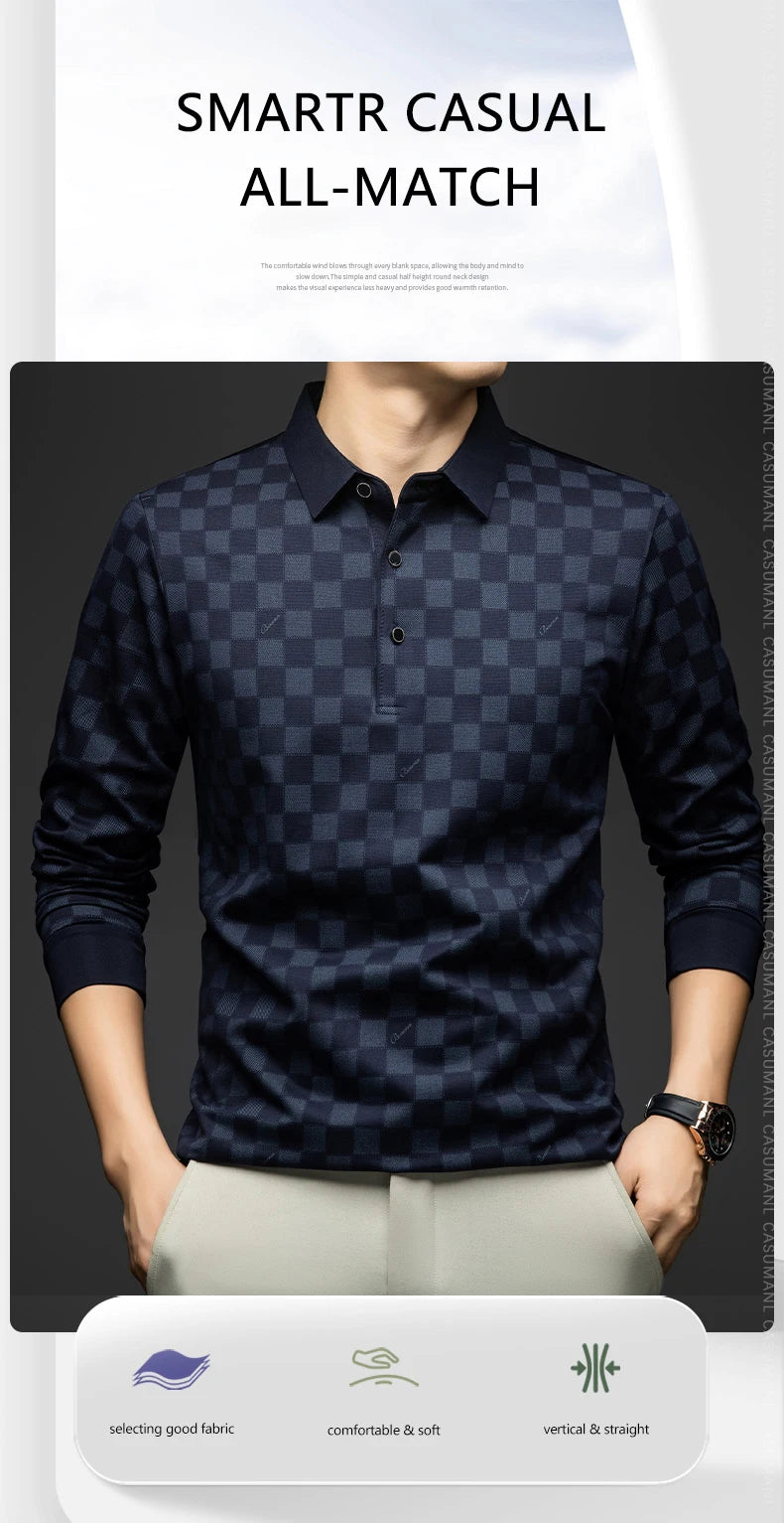 BROWON Polo Shirts for Man Autumn Business Slim Fit Long Sleeve T Shirt Men 2026 New Casual Loose Pullover Plaid Men Tops & Tees