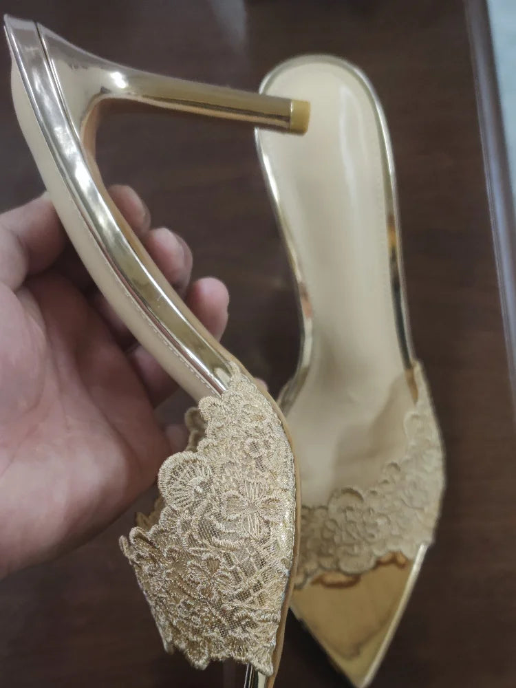 New Summer Women's High Heel Sandals Lace Embroidery Pointed Open Toe Stiletto High Heel Sandals Party Slippers