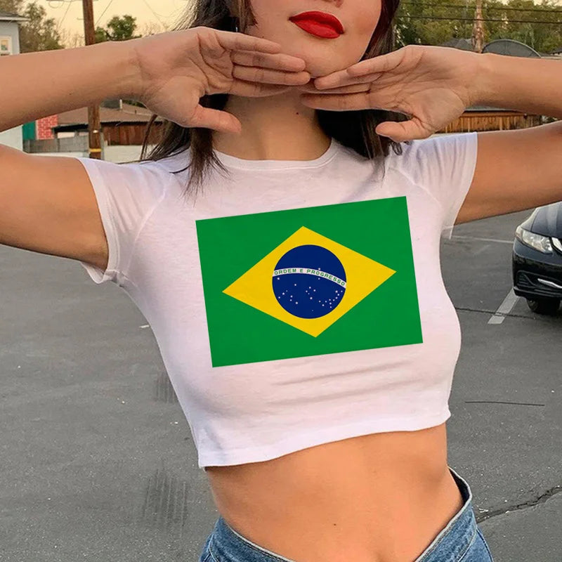 Brazil Flag T Shirt Women White 2022 Aesthetic Kawaii Tumblr Tshirt Crop Top Harajuku Kawaii