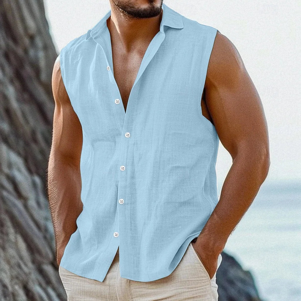 Summer Sleeveless Casual Shirts Men Lightweight Breathable Sports Turn Down Collar Shirt Male Solid Sports Loose Beach Tops Man