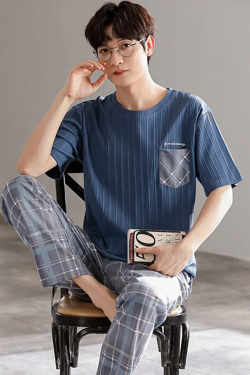 SUKAE Mens Plus Size L-5XL Homewear Summer Cotton Short Sleeve Full Pants Pajamas Set for Man Leisure Sleepwear Trendy Nightwear