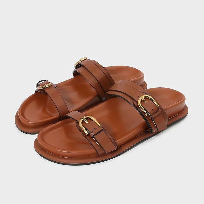 Metal Buckle Soft Leather Women Roman Shoes Thick Bottom Women Summer Slippers Leisure Comfort Non-slip Women Beach Flat Sandals